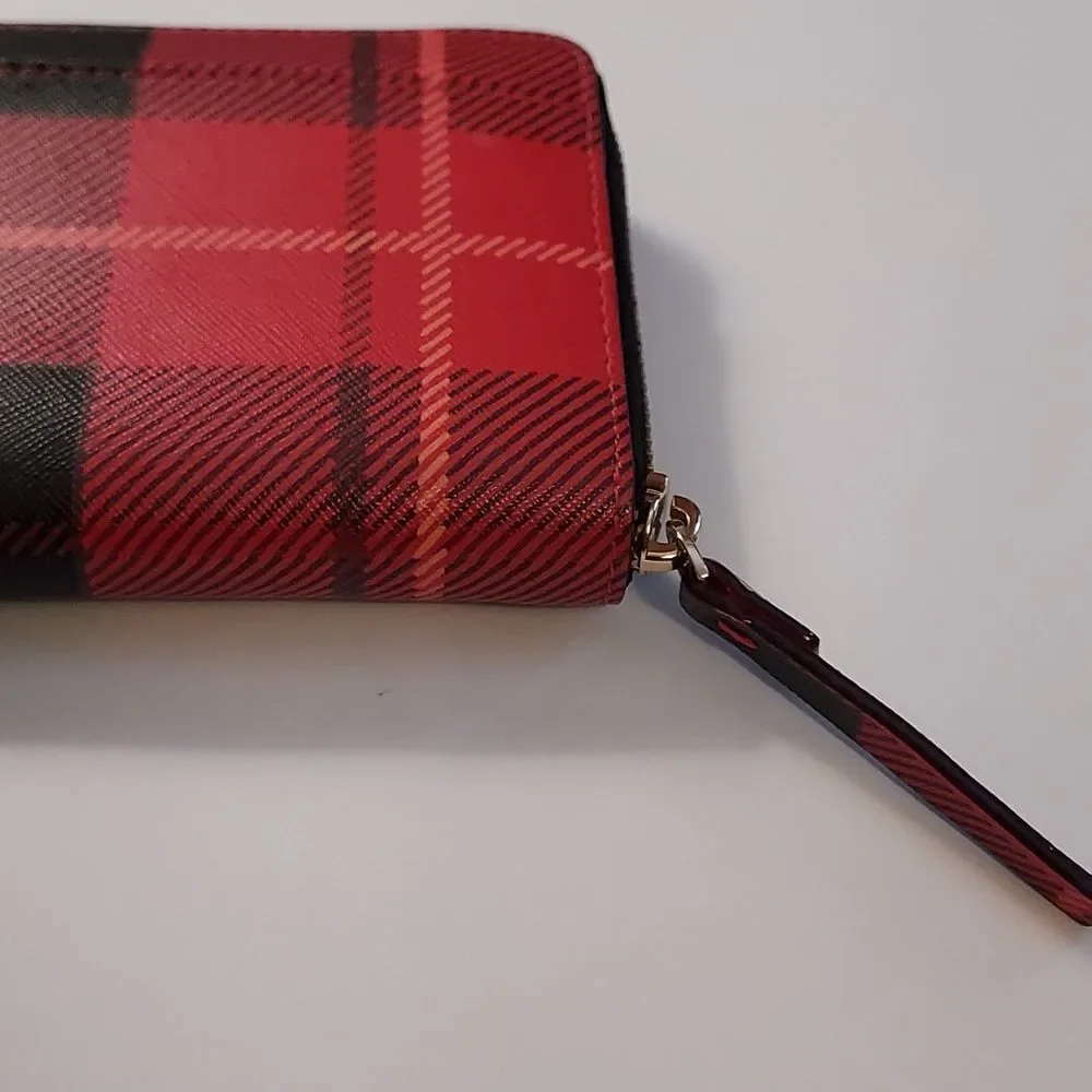 Kate Spade Red Plaid Wallet Saffiano leather zip around